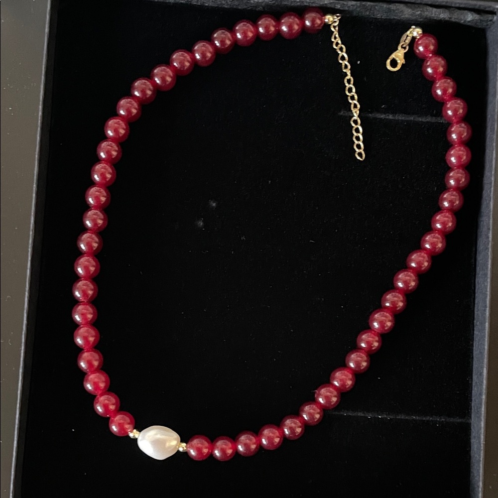 Red Beaded Necklace with Pearl Accent - Women Jewelry